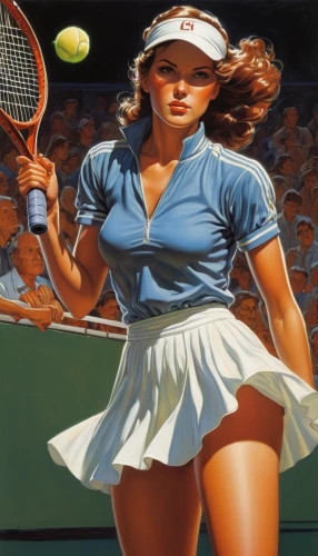 woman playing tennis,tennis player,tennis skirt,tennis,frontenis,sports girl,racquet sport,tennis equipment,soft tennis,tennis lesson,racquet,tennis racket,tennis coach,oil painting on canvas,tennis court,retro women,racket,tennis racket accessory,oil painting,vintage art,Illustration,American Style,American Style 07