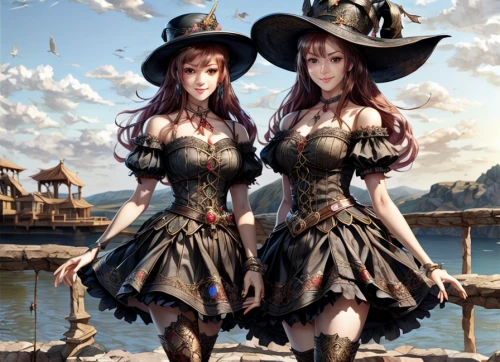 cowgirls,witches,witches' hats,steampunk,fantasy picture,celebration of witches,two girls,country dress,costumes,witch's hat,witch ban,witch hat,halloween costumes,fantasy art,gothic fashion,sisters,witch's hat icon,country-western dance,victorian style,pirates