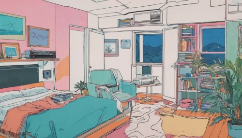 room,apartment,bedroom,blue room,studio ghibli,an apartment,soft pastel,one room,livingroom,shared apartment,modern room,one-room,playing room,abandoned room,sky apartment,pastel colors,cold room,the little girl's room,empty room,study room,Illustration,Japanese style,Japanese Style 06