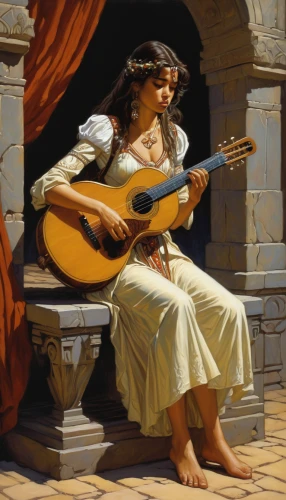 woman playing,classical guitar,cavaquinho,woman playing violin,violin woman,itinerant musician,serenade,violin player,art bard,stringed instrument,string instrument,musician,bouzouki,buskin,guitar player,flamenco,bowed string instrument,celtic harp,bard,guitarist,Illustration,American Style,American Style 07