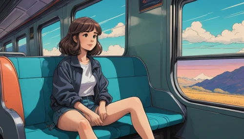 train ride,the girl at the station,sky train,train,last train,studio ghibli,in transit,train way,early train,skytrain,transit,commute,train seats,bus,travel woman,girl sitting,commuter,travelling,digital painting,commuting,Illustration,Japanese style,Japanese Style 07