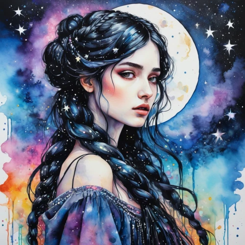 blue moon rose,mystical portrait of a girl,zodiac sign libra,fantasy portrait,queen of the night,blue moon,fantasy art,luna,moon phase,virgo,zodiac sign gemini,starry sky,fairy queen,moonbeam,the snow queen,boho art,lady of the night,horoscope libra,constellation wolf,the enchantress,Illustration,Paper based,Paper Based 20