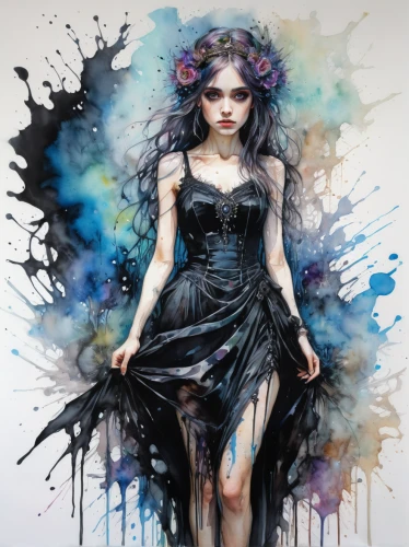 gothic dress,gothic fashion,fashion illustration,fantasy art,the enchantress,gothic woman,fairy queen,faery,painted lady,gothic style,blue enchantress,tulle,mystical portrait of a girl,goth woman,faerie,dark art,art painting,splintered,rosa 'the fairy,sorceress,Conceptual Art,Oil color,Oil Color 02
