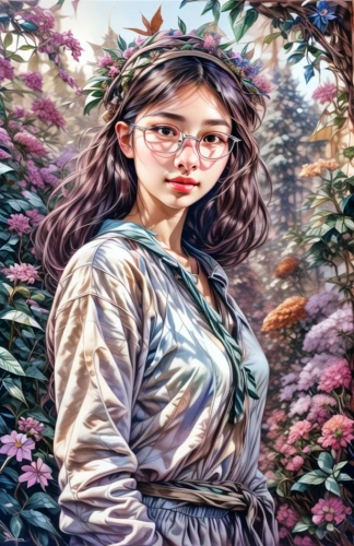 girl in the garden,girl in flowers,mystical portrait of a girl,world digital painting,portrait background,fantasy portrait,girl with tree,asian woman,mona lisa,photo painting,vietnamese woman,girl picking flowers,oil painting on canvas,oil painting,digital art,young woman,digiart,flower background,girl in a wreath,girl in a historic way