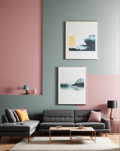 modern decor,sofa set,sofa,contemporary decor,danish furniture,living room,livingroom,sofa tables,mid century modern,color wall,sitting room,soft furniture,pastels,apartment lounge,pastel colors,mid century sofa,color palette,interior decor,the living room of a photographer,modern living room