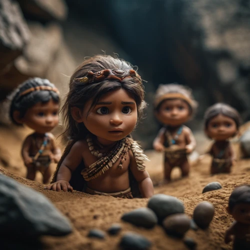 moana,clay figures,miniature figures,little people,primitive dolls,figurines,doll figures,ancient people,nomadic children,afar tribe,aborigines,tiny people,clay doll,clay animation,pocahontas,wooden figures,biblical narrative characters,mowgli,mud village,polynesian girl,Photography,General,Cinematic