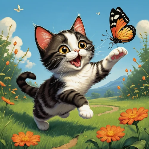 chasing butterflies,butterfly background,butterfly clip art,butterfly day,cat vector,cute cartoon image,butterfly vector,funny cat,cat image,cartoon cat,cute cat,cat cartoon,felidae,leap for joy,cheerfulness,children's background,spring background,butterfly swimming,springtime background,flower cat,Illustration,Retro,Retro 02