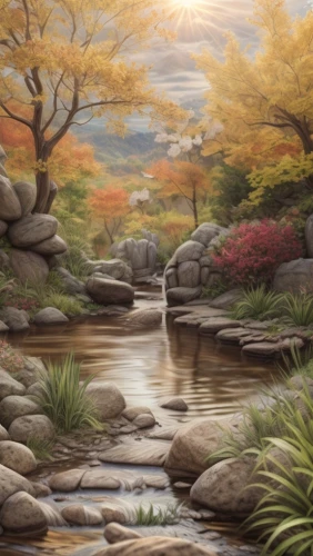 brook landscape,landscape background,river landscape,autumn landscape,japanese garden,mountain stream,japan landscape,nature landscape,colored pencil background,background with stones,forest landscape,oriental painting,robert duncanson,fall landscape,japanese art,natural landscape,mountain scene,autumn background,flowing creek,fantasy landscape,Common,Common,Natural