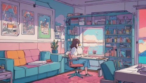 study room,room,computer room,workspace,blue room,playing room,girl at the computer,classroom,the little girl's room,desk,working space,apartment,one room,girl studying,aesthetic,an apartment,reading room,one-room,library,dream world,Illustration,Japanese style,Japanese Style 06