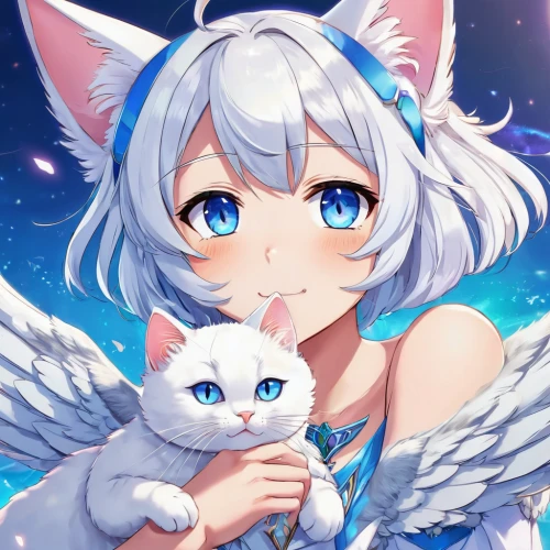 cat with blue eyes,nyan,fennec,piko,heterochromia,angel girl,kitsune,angel,cat ears,white cat,cat child,angel and devil,angel’s tear,cat kawaii,whitey,azure,cute cat,ori-pei,love angel,crying angel,Illustration,Japanese style,Japanese Style 03