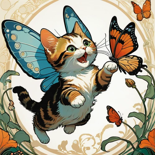 tea party cat,flower cat,butterfly clip art,vanessa (butterfly),capricorn kitz,kate greenaway,butterfly vector,cat sparrow,calico cat,chasing butterflies,cat vector,butterfly background,butterfly floral,whimsical animals,cupido (butterfly),blossom kitten,flower animal,lepidopterist,bengal clockvine,butterflay,Illustration,Retro,Retro 03