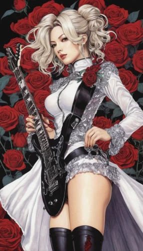 white rose snow queen,black rose,white rose,lady rocks,music fantasy,guitar,porcelain rose,rocker,seerose,harley,ground rose,a200,rock music,arrow rose,rosa ' amber cover,roses,painted guitar,poison,peace rose,hip rose,Illustration,Japanese style,Japanese Style 18