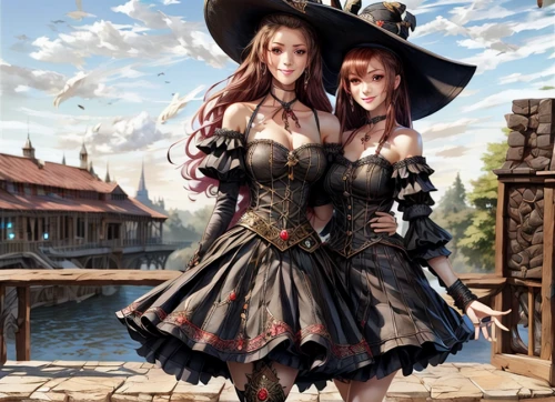 witches,costume festival,costumes,celebration of witches,two girls,cowgirls,sisters,halloween costumes,country dress,witches' hats,mother and daughter,duo,steampunk,venetian,witch's hat,gothic portrait,doll's festival,fantasy picture,oktoberfest,harvest festival