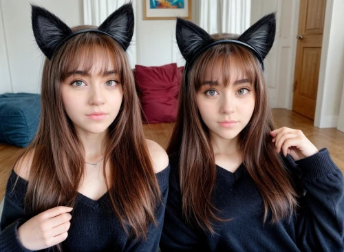 cat ears,two cats,cat kawaii,twins,mirror image,triplet lily,two wolves,asian semi-longhair,double,kittens,foxes,cats,sisters,felines,cat frame,clones,anime 3d,clone,löwchen,two glasses