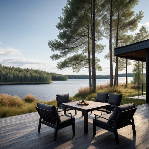 outdoor furniture,wooden decking,summer house,outdoor table and chairs,outdoor sofa,summer cottage,house by the water,danish furniture,scandinavian style,house with lake,inverted cottage,lake view,outdoor table,patio furniture,decking,holiday villa,outdoor bench,cottagecore,chaise lounge,chalet