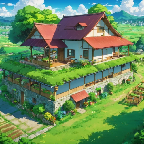 studio ghibli,home landscape,farm house,little house,grass roof,roof landscape,farmhouse,summer cottage,country estate,farmstead,idyllic,countryside,farm,small house,violet evergarden,farm set,country house,beautiful home,rural,aurora village,Illustration,Japanese style,Japanese Style 03