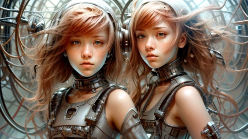 mirror image,cybernetics,mirrored,sci fiction illustration,mirror reflection,biomechanical,mirrors,parallel worlds,two girls,gemini,artificial hair integrations,meridians,doll looking in mirror,fractals art,mirror of souls,sci fi,image manipulation,mirroring,scifi,clones