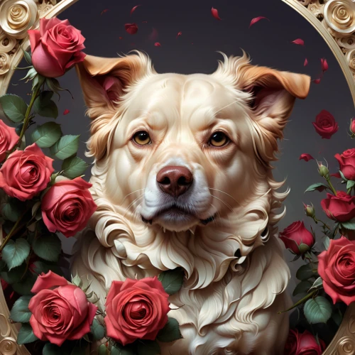 canine rose,dog-roses,romantic portrait,dog roses,dog illustration,rose wreath,pet portrait,scent of roses,romantic rose,animal portrait,portrait background,rose png,dog photography,canine,valentine pin up,rosa ' amber cover,dog-photography,with roses,canidae,rose flower illustration,Conceptual Art,Fantasy,Fantasy 01