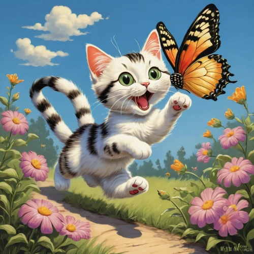 chasing butterflies,butterfly background,butterfly clip art,butterfly day,julia butterfly,butterfly,butterfly milkweed,butterfly floral,butterfly swimming,butterfly effect,butterflies,cartoon cat,c butterfly,vanessa (butterfly),butterflay,cat cartoon,cupido (butterfly),whimsical animals,cute cartoon image,leap for joy,Illustration,Retro,Retro 02