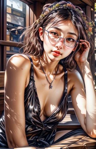 world digital painting,girl sitting,woman at cafe,librarian,reading glasses,digital painting,photo painting,woman sitting,girl portrait,girl at the computer,girl in a long,girl studying,fantasy portrait,japanese woman,asian woman,silver framed glasses,girl drawing,art painting,illustrator,glass painting