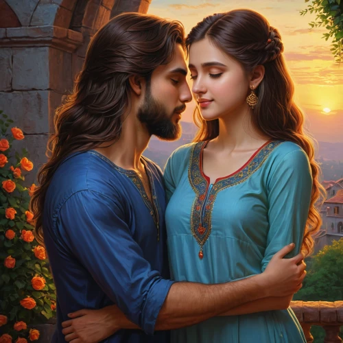 romantic portrait,romantic scene,romance novel,fantasy picture,young couple,beautiful couple,throughout the game of love,romantic look,a fairy tale,garden of eden,jesus in the arms of mary,way of the roses,fairytale,emile vernon,prince and princess,fairy tale,fantasy portrait,fantasy art,idyll,couple goal,Illustration,Realistic Fantasy,Realistic Fantasy 27