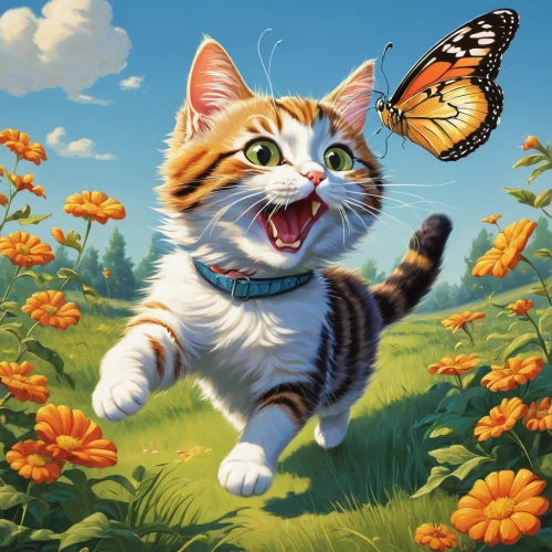 chasing butterflies,butterfly background,flower cat,calico cat,cartoon cat,cat vector,tiger cat,oktoberfest cats,springtime background,cats playing,cat sparrow,spring background,cat image,game illustration,cute cat,tigerle,funny cat,blossom kitten,red tabby,bengal clockvine,Illustration,Retro,Retro 02