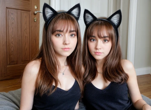 cat ears,two cats,foxes,felines,sisters,two girls,asian semi-longhair,anime 3d,two wolves,feline look,foam crowns,kittens,cats,artificial hair integrations,mom and daughter,raccoons,duo,image editing,pretty women,mirror image
