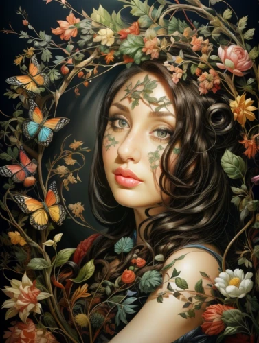 girl in a wreath,dryad,girl in flowers,faery,fantasy portrait,wreath of flowers,faerie,mystical portrait of a girl,rose wreath,fantasy art,floral wreath,blooming wreath,girl in the garden,the enchantress,flora,fairy queen,flower fairy,secret garden of venus,beautiful girl with flowers,vanessa (butterfly)