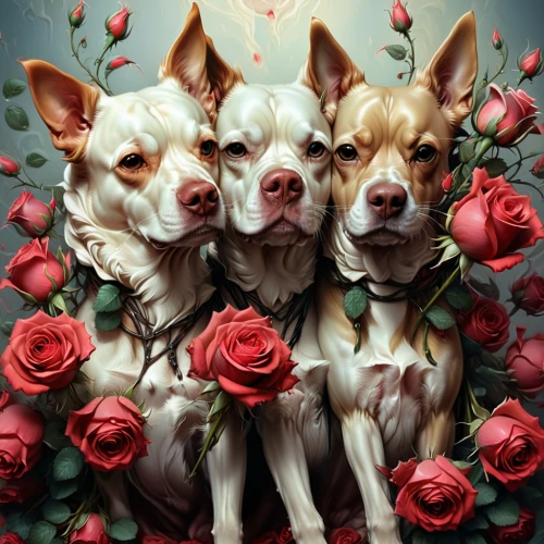 dog-roses,canine rose,dog roses,kiss flowers,three dogs,color dogs,canines,bouquet of roses,red roses,romantic portrait,noble roses,scent of roses,french bulldogs,two dogs,corgis,roses daisies,rosebushes,dog illustration,flower delivery,three flowers,Conceptual Art,Fantasy,Fantasy 01