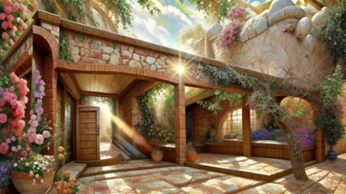 the little girl's room,fantasy picture,3d fantasy,dandelion hall,fairy tale castle,fairy door,flower booth,fairy village,fantasy art,the threshold of the house,fantasy landscape,beautiful home,home landscape,ancient house,flower shop,enchanted forest,tree house hotel,fairytale castle,children's bedroom,house in the forest