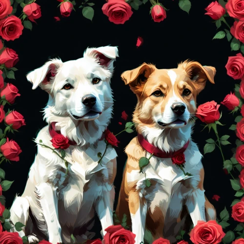 dog-roses,dog roses,canine rose,red roses,two dogs,color dogs,roses daisies,dog illustration,corgis,rosebuds,romantic portrait,geraniums,rosebushes,roses,rose roses,noble roses,old country roses,with roses,rose white and red,russell terrier,Conceptual Art,Fantasy,Fantasy 02