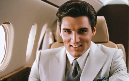 elvis presley,airplane,business jet,flight attendant,stewardess,pompadour,air new zealand,50's style,gentleman icons,cufflink,elvis,warbler,prince of wales feathers,airplane passenger,prince of wales,men's suit,pomade,fifties,wingtip,quiff
