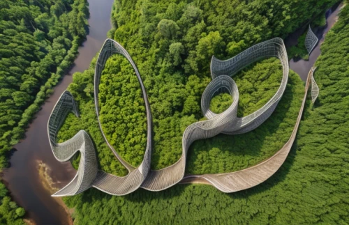 dragon bridge,eco-construction,futuristic architecture,aerial landscape,environmental art,helix,meanders,hydropower plant,futuristic landscape,eco hotel,roof landscape,natural monument,art forms in nature,sinuous,futuristic art museum,panoramical,chinese architecture,sculpture park,guizhou,floating islands,Realistic,Landscapes,Verdant