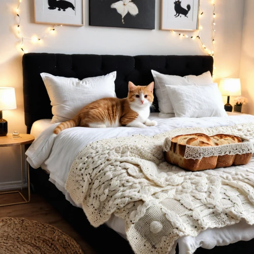 cat in bed,warm and cozy,cat bed,duvet cover,bedding,bed linen,cat furniture,valentine's day décor,cozy,scandinavian style,hygge,loaves,autumn decor,breakfast in bed,home accessories,bread spread,bed and breakfast,cat resting,baby bed,futon pad,Photography,General,Natural
