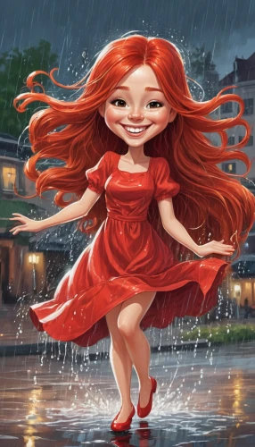 little girl in wind,red rose in rain,walking in the rain,in the rain,little girl with umbrella,cute cartoon image,red-haired,a girl in a dress,girl in a long dress,ariel,pumuckl,rain of fire,rain shower,rain,raining,girl washes the car,merida,girl in red dress,raindops,redhead doll,Illustration,Abstract Fantasy,Abstract Fantasy 23