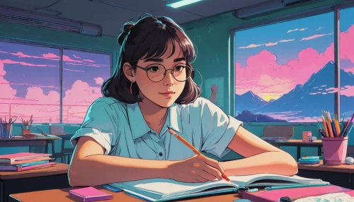 girl studying,study,study room,classroom,sci fiction illustration,girl at the computer,the girl studies press,studies,librarian,student,teacher,tutor,studio ghibli,desk,tutoring,game illustration,classroom training,academic,digital painting,class room,Illustration,Japanese style,Japanese Style 06