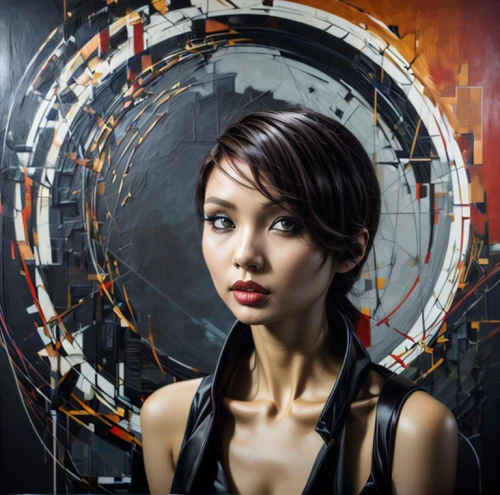 sci fiction illustration,portrait background,asian woman,katniss,cybernetics,world digital painting,digital compositing,transistor,asian vision,image manipulation,biomechanical,japanese woman,artificial hair integrations,art model,mari makinami,artist portrait,janome chow,play escape game live and win,computer art,artistic portrait