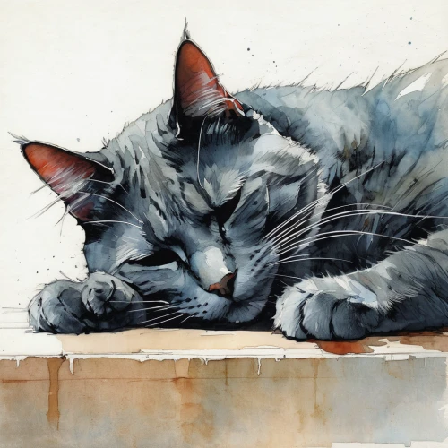 watercolor cat,cat resting,gray cat,gray kitty,sleeping cat,cat portrait,beautiful cat asleep,watercolor painting,drawing cat,american curl,silver tabby,chartreux,domestic cat,watercolor,russian blue,tabby cat,american shorthair,russian blue cat,watercolor paint,cat image,Illustration,Paper based,Paper Based 05