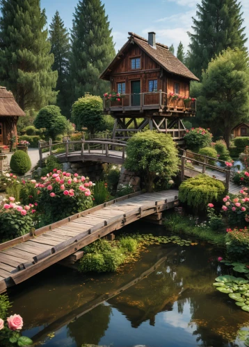 wooden bridge,summer cottage,japanese garden ornament,house with lake,japanese garden,house by the water,water mill,log home,hobbiton,idyllic,beautiful home,home landscape,garden pond,alpine village,swiss house,japan garden,pond plants,wooden house,alpine meadows,pond flower,Photography,General,Natural