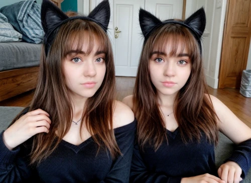 cat ears,two cats,triplet lily,twins,mirror image,double,two wolves,foxes,kittens,silphie,x3,cats,clones,sisters,felines,cat family,clone,two glasses,cat head,feline look