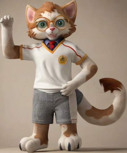 cartoon cat,mascot,3d figure,tom cat,3d model,a uniform,cute cartoon character,clay animation,furta,the mascot,cat-ketch,felidae,school uniform,plush figure,calico cat,katz,tom,pubg mascot,kit,doll cat,Common,Common,Natural