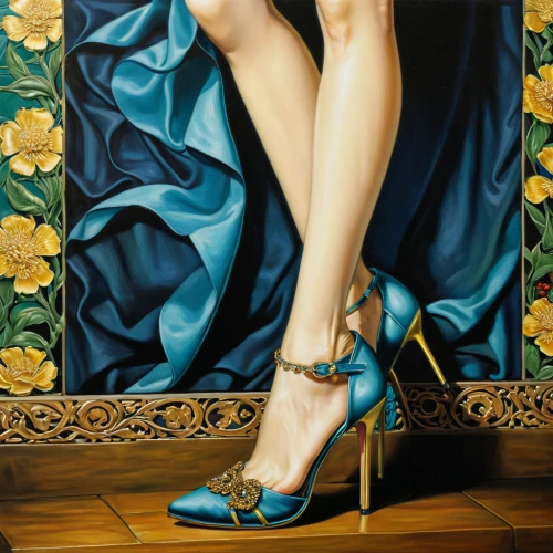 high heeled shoe,high heel shoes,blue shoes,stiletto-heeled shoe,court shoe,woman shoes,cinderella shoe,achille's heel,oil painting on canvas,high heel,women's shoe,flapper shoes,dancing shoes,heeled shoes,stilettos,women's shoes,ladies shoes,women shoes,high-heels,art painting,Illustration,Realistic Fantasy,Realistic Fantasy 08