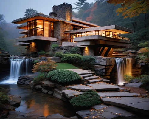 japanese architecture,house in mountains,beautiful home,house in the mountains,asian architecture,house by the water,waterfalls,luxury property,luxury home,house in the forest,house with lake,modern architecture,brown waterfall,modern house,water mill,log home,the cabin in the mountains,waterfall,green waterfall,architectural style,Photography,General,Natural