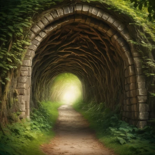 hollow way,tunnel of plants,wall tunnel,tunnel,canal tunnel,railway tunnel,the mystical path,threshold,archway,plant tunnel,disused railway line,train tunnel,heaven gate,pathway,torii tunnel,passage,the path,road forgotten,railroad trail,underpass,Illustration,Realistic Fantasy,Realistic Fantasy 02