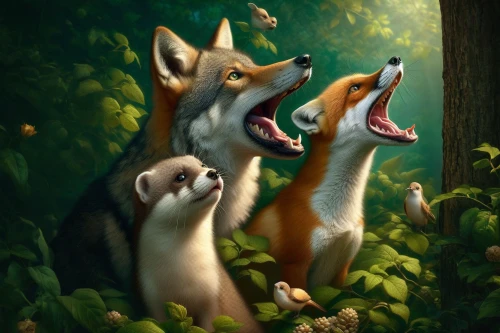 huskies,canines,woodland animals,foxes,new guinea singing dog,wolves,fox stacked animals,anthropomorphized animals,hunting dogs,fox hunting,corgis,forest animals,yawning,singing,canidae,wolf couple,vulpes vulpes,whimsical animals,canis lupus tundrarum,hunting scene