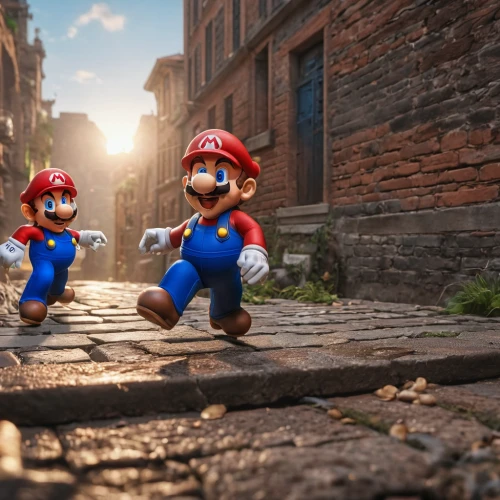 super mario brothers,mario bros,super mario,mario,luigi,nintendo,plumber,3d render,digital compositing,cobblestones,game characters,videogames,3d rendered,toadstools,hdr,game art,red and blue,delivering,wall,business icons,Photography,General,Natural