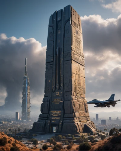 monolith,futuristic landscape,karnak,stalin skyscraper,stalinist skyscraper,futuristic architecture,ancient city,the skyscraper,obelisk,dreadnought,vulcan,atlantis,sci-fi,sci - fi,sky space concept,citadel,concept art,the needle,sci fi,skyscraper,Photography,General,Sci-Fi