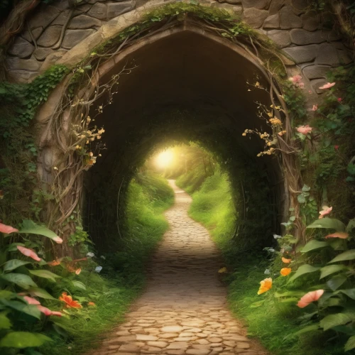 tunnel of plants,the mystical path,hollow way,pathway,plant tunnel,to the garden,the path,forest path,faery,heaven gate,fantasy picture,wall tunnel,hiking path,threshold,the threshold of the house,fairy world,fairy village,fairy forest,enchanted forest,tunnel,Illustration,Realistic Fantasy,Realistic Fantasy 02