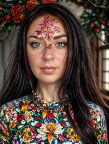 russian folk style,beautiful girl with flowers,girl in a wreath,girl in flowers,floral wreath,ukrainian,mandala flower,wreath of flowers,kokoshnik,iranian nowruz,floral garland,elven flower,flower garland,russian traditions,flower mandalas,face paint,flowers mandalas,headpiece,headdress,colorful floral