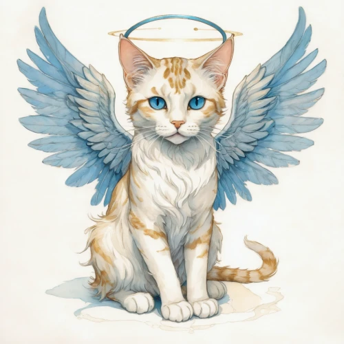 capricorn kitz,turkish van,cat vector,watercolor cat,firestar,japanese bobtail,cat image,angel,red tabby,vintage angel,guardian angel,pet portrait,american curl,cat on a blue background,calico cat,gryphon,caduceus,lucifer,breed cat,heraldic animal,Illustration,Paper based,Paper Based 17